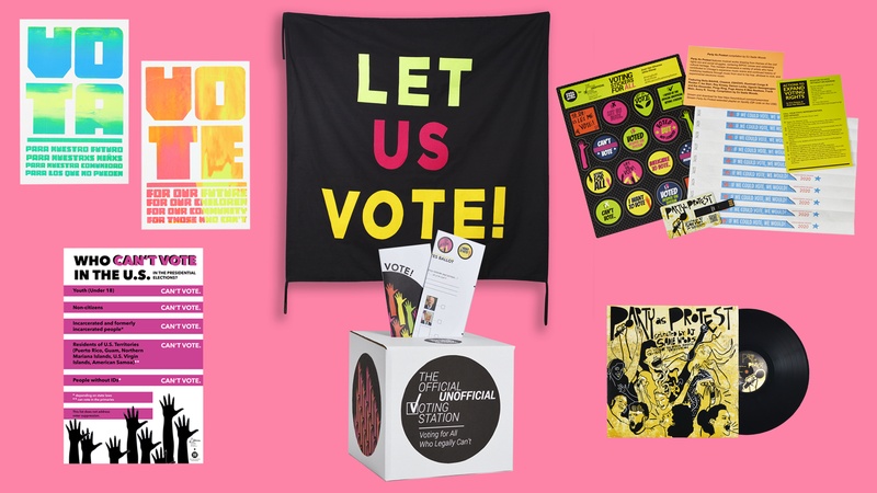  Objects collaged onto a pink background. Objects include a ballots box, wristbands, stickers, and a banner in the middle that says Let Us Vote! 