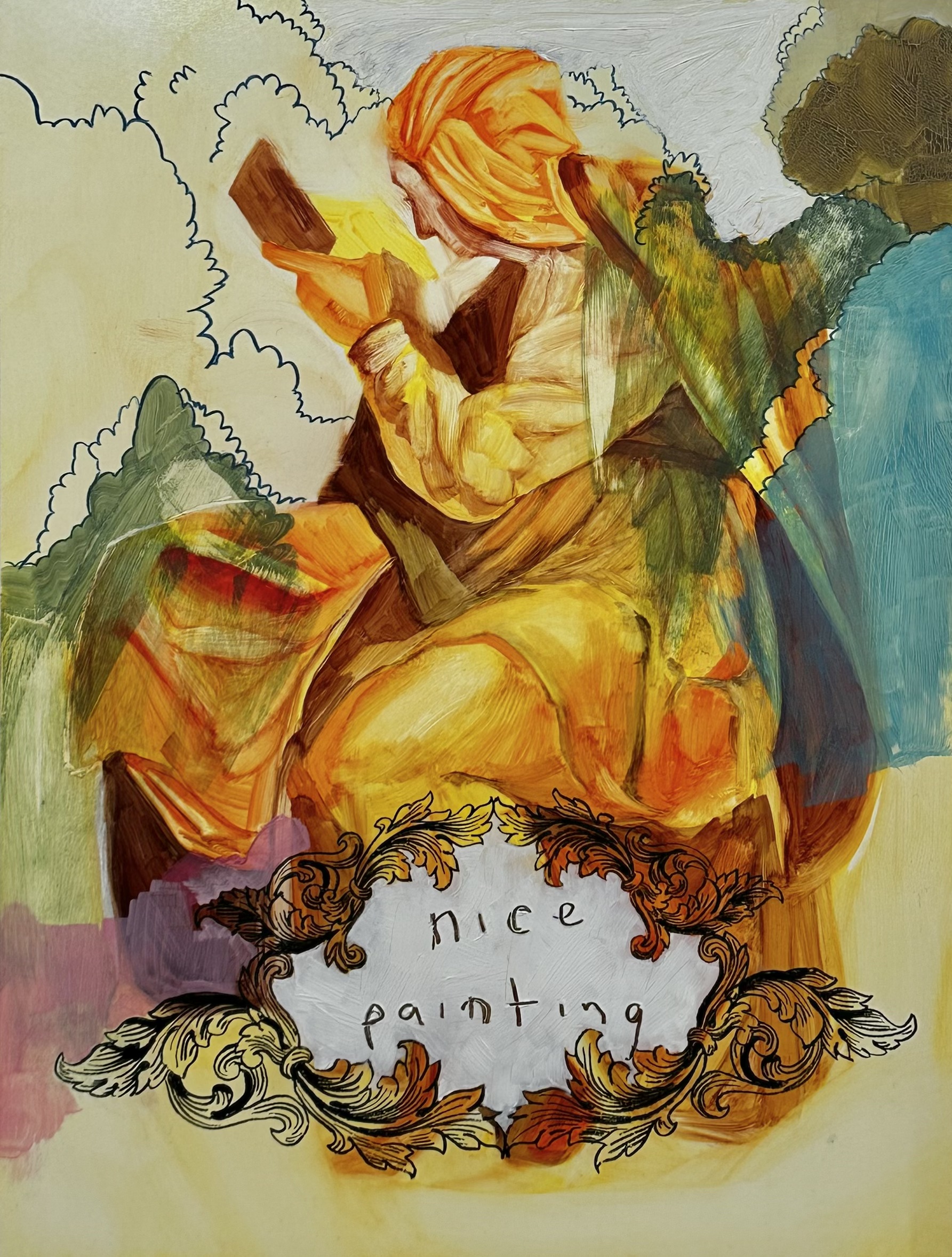  A female figure site with her head slightly turned away, reading from a book in her hands. Around her, crude clouds are drawn and some filled in with color. Over her feet is an ornamental frame with the words "Nice Painting" written inside. 