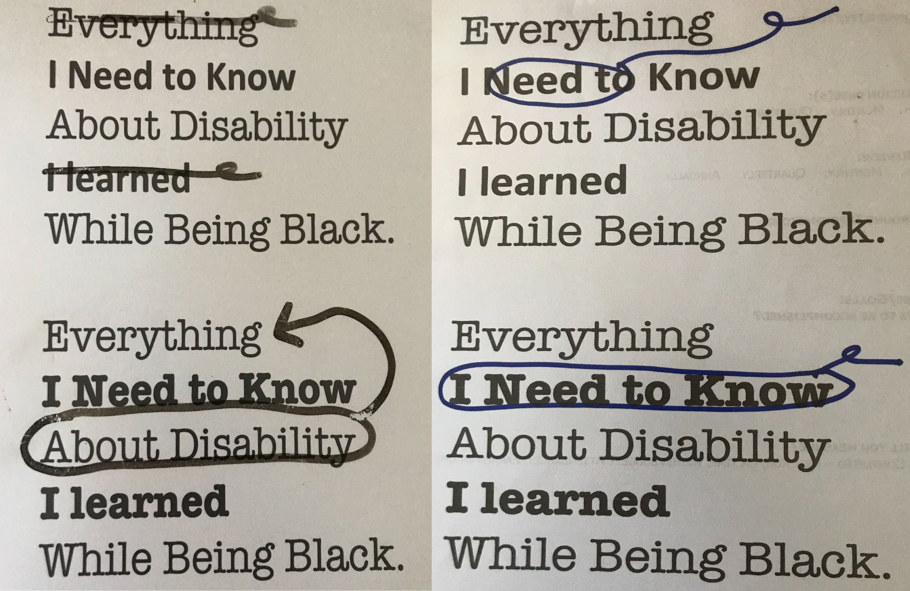 text with editing marks, creating variations of the text Everything I Need to Know About Disability I Learned While Being Black