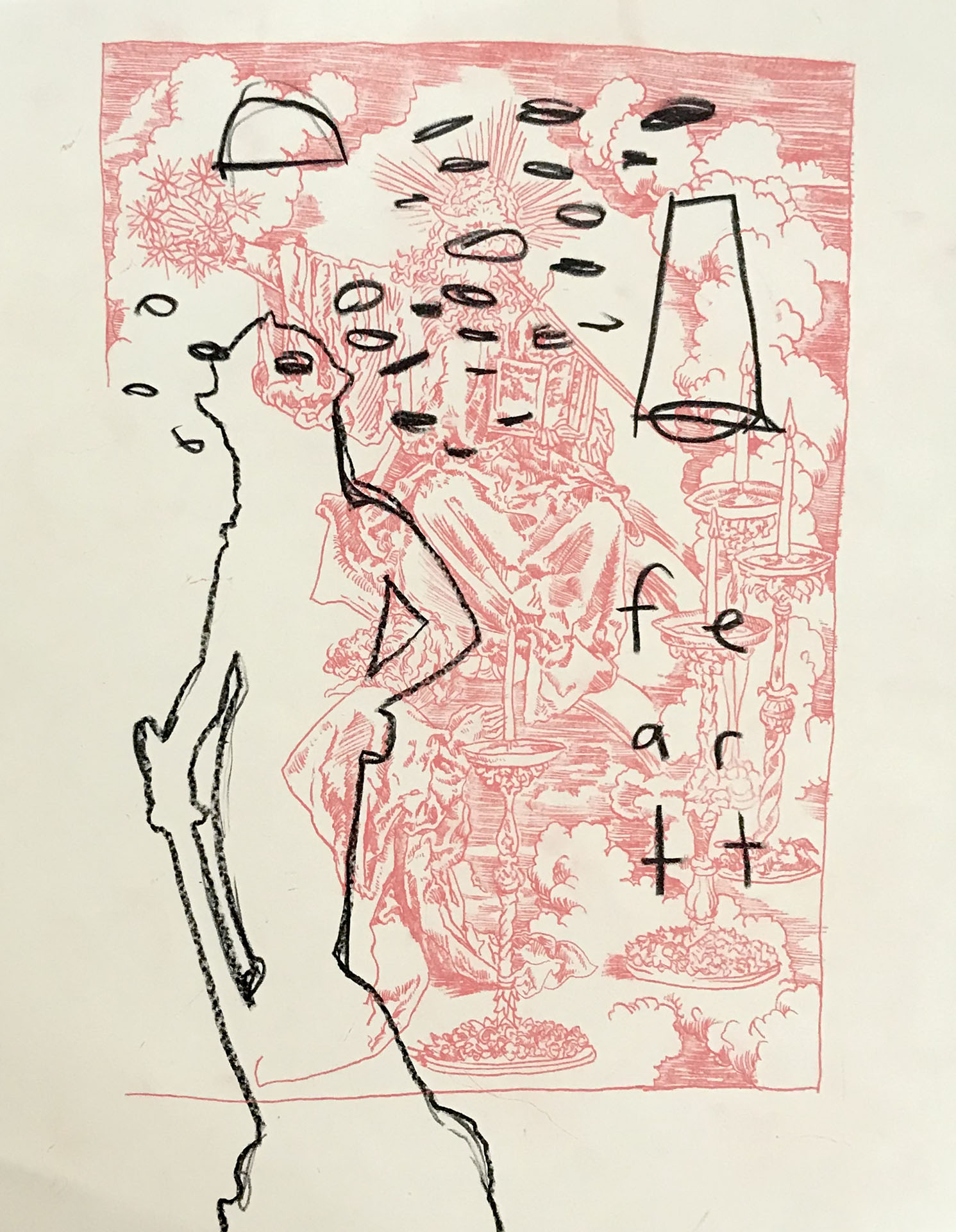 A loose drawing of a figure like shape with circles and the letters fe ar tt written above a more detailed drawing featuring religious iconography