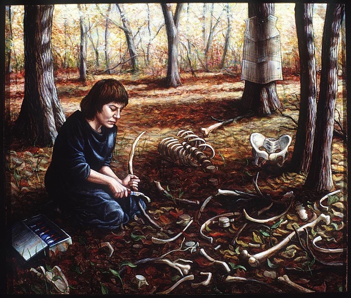 Painting of Riva carving bones in the woods.