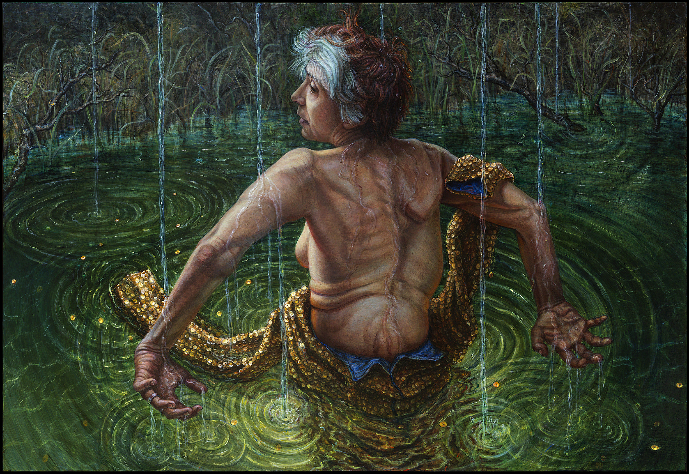 Acrylic on wood, 24 x 36”, 2016. A nude self-portrait from the back, showing the curve of my scoliosis. I stand in a green pond at night, my arms bent and angled downward. Water is pouring in discreet streams from the sky and making ripples on the pond.
