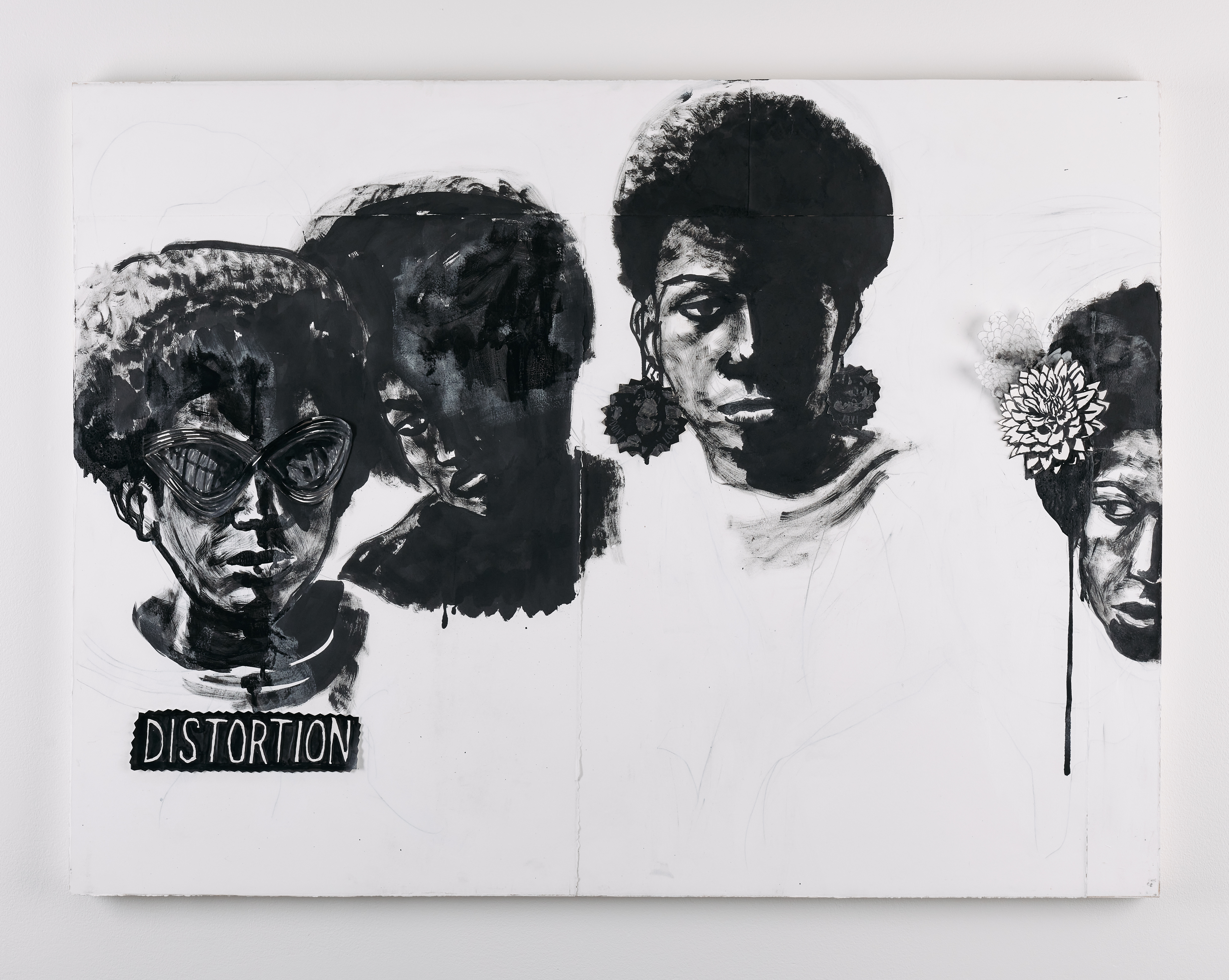 Black and white ink drawing with collage. Four portraits against white backdrop