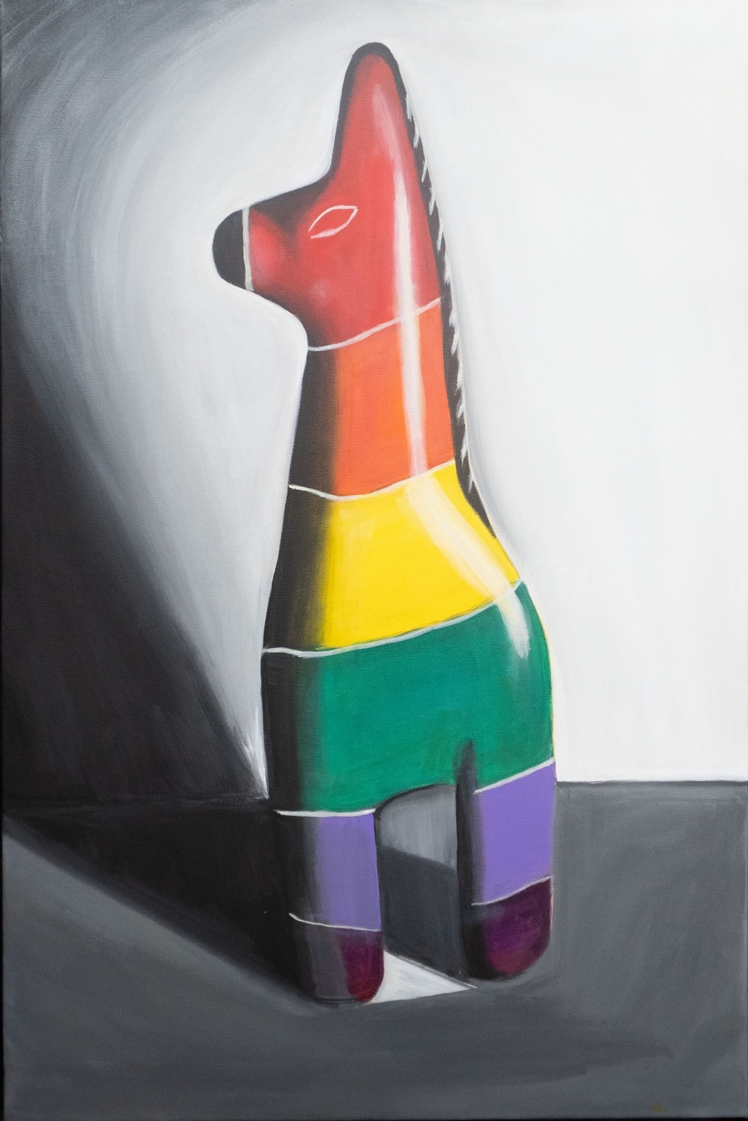 A rainbow-striped horse figurine stands upright against a gray-to-white gradient background. The toy casts a dramatic shadow, highlighting its bright red, orange, yellow, green, blue, and purple bands