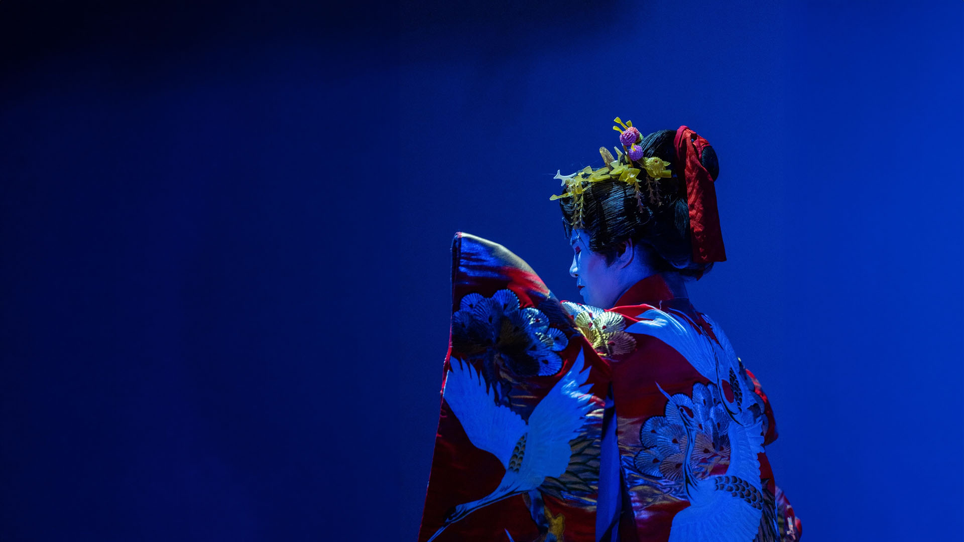 An Asian American woman dressed in a traditional Japanese kimono cast in blue light against a dark blue background.