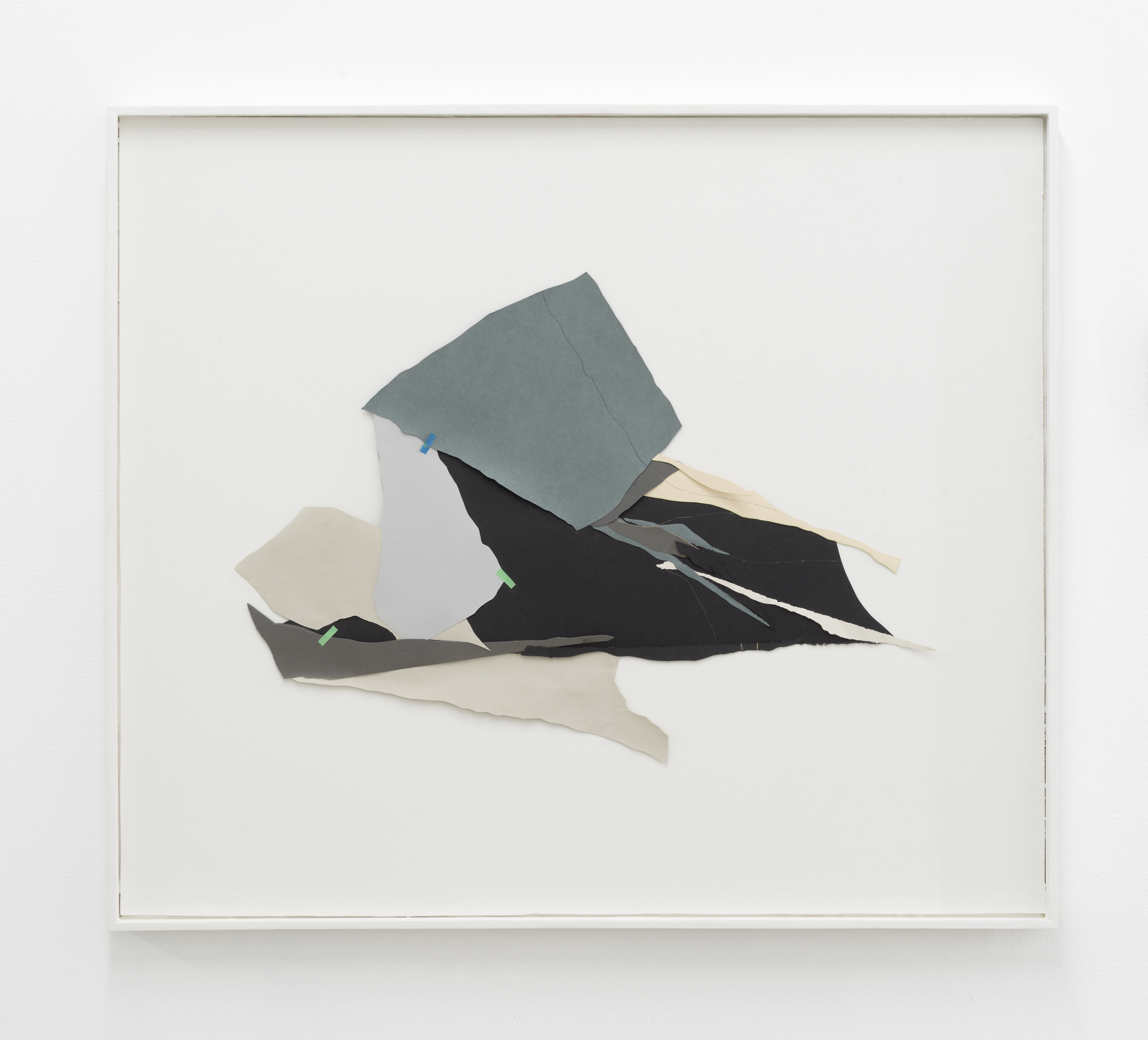 An abstract landscape collage, composed with paper. The collage is center in a painted frame.