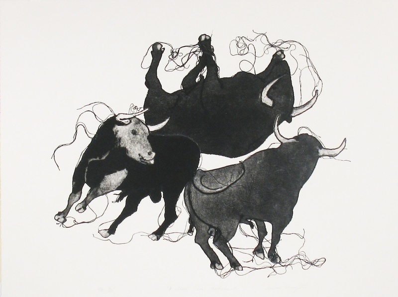  A black and white image of three bulls. 