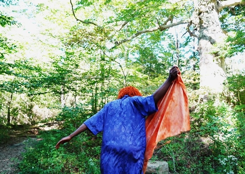  A Black, Queer performer stands in nature surrounded by trees. They are wearing a blue shirt and holding up an orange shall. We are viewing them from behind. 