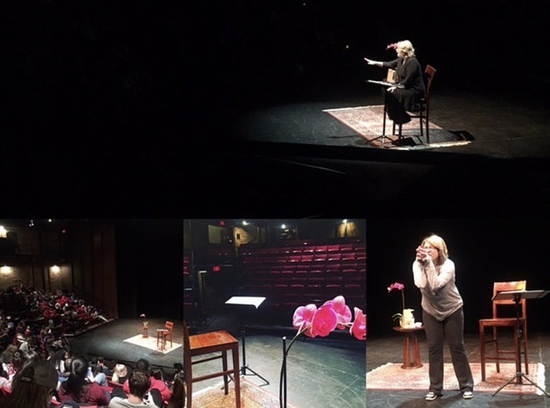  4 pics in a collage. Arlene onstage sitting on a stool. An empty stage. Auditorium of people & Arlene onstage standing. She has blonde hair and glasses. 