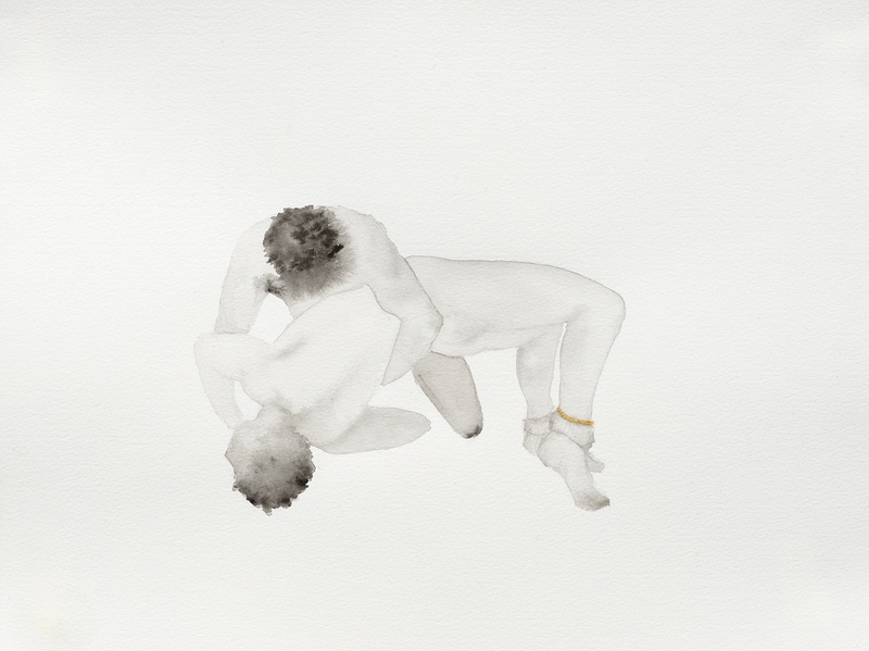  An image of a watercolor of two figures holding one another. 