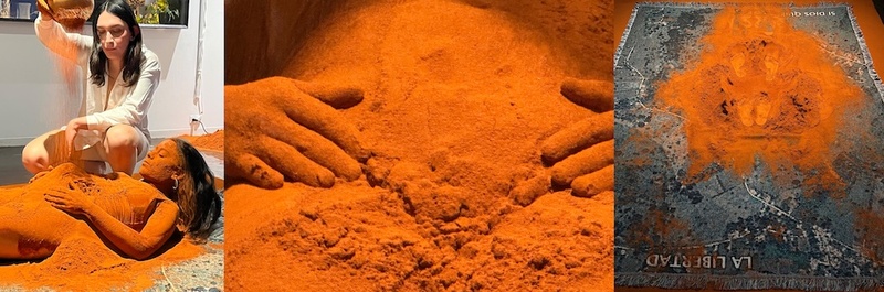  A tryptic of images from a performance. One performer sprinkles orange powder on another who is on the ground. 