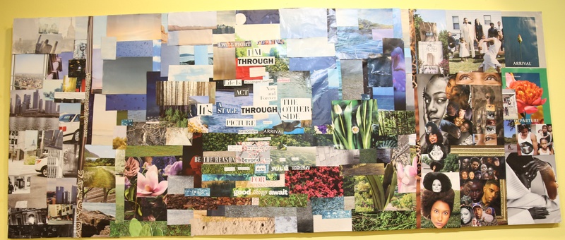  vibrant 6x3' paper collage with a poem in the center 