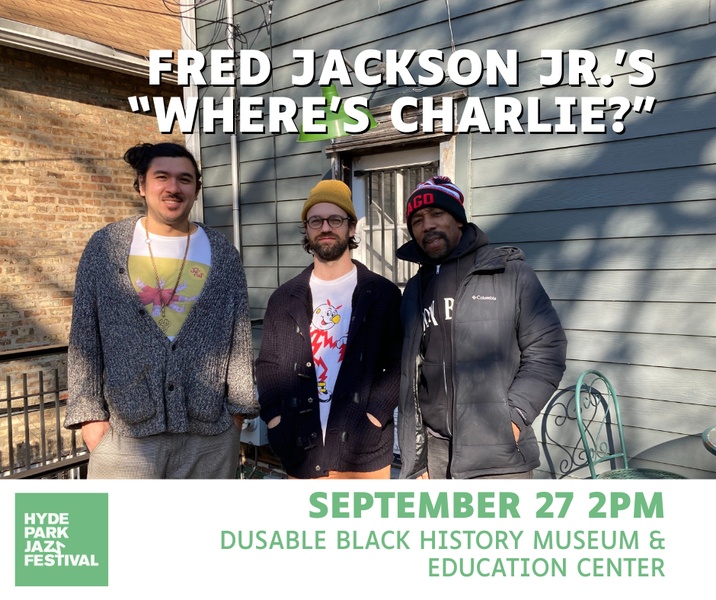  Three people stand in front of a blue house on a poster titled Fred Jackson Jr.'s "Where's Charlie". 