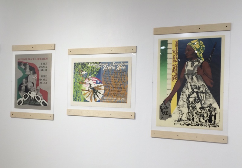  3 bright, multicolored silkscreened prints with images and messages in solidarity with the Black liberation movement in the U.S., the Puerto Rican independence struggle, and struggles against colonialism in southern Africa. 