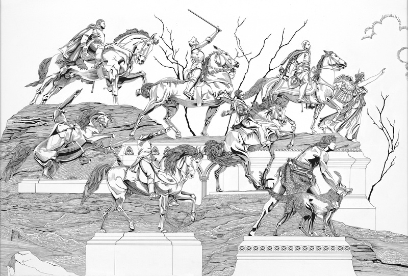  Ink on paper drawing of all statues on horseback in NYC collected as a single army 
