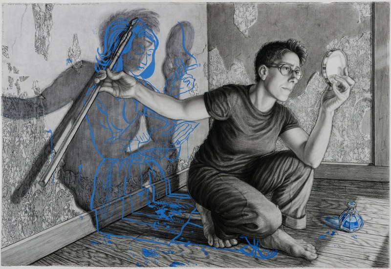  A woman with glasses, dark hair, crouches in a room defined by peeling wallpaper. She wields a mirror and pole with wired dip-pen, endeavoring to draw her mother, reading her memoir, on the wall. Blue ink bottle nearby; her shadow overlays the drawing. 