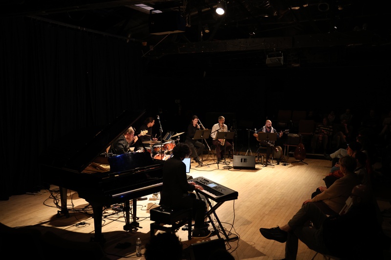  Members of the Arabic Jazz Septet "East Loop", including Wanees Zarour on buzuq, performing during an album release concert 