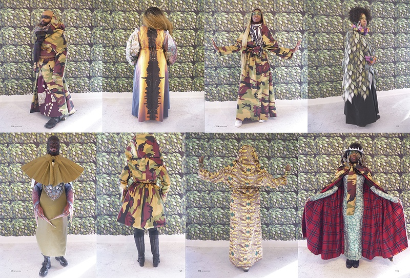  Series of eight models pose individually in variations on camouflage garments against a hand-drawn leaf print backdrop 