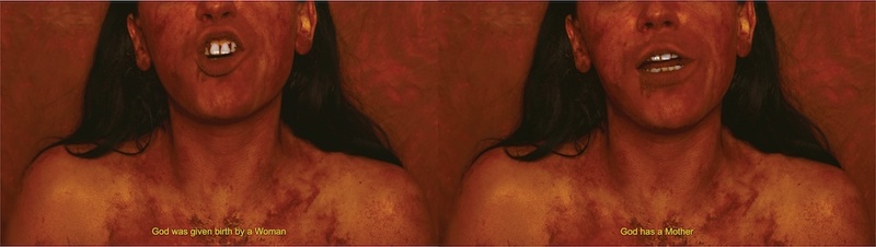  A diptych of a performer mouthing words on a red powdered background. 