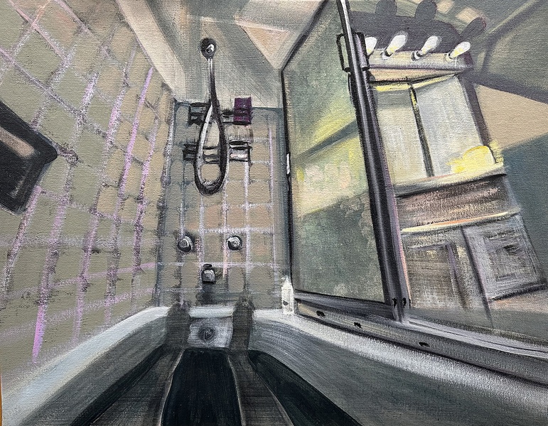  The artist's legs and feet are visible in this candle lit bath tub scene. 