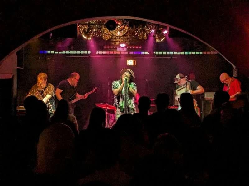 A Black/queer performer with Dreadlocks stands at a microphone, singing. There is a four piece and surrounding the performer on stage. 