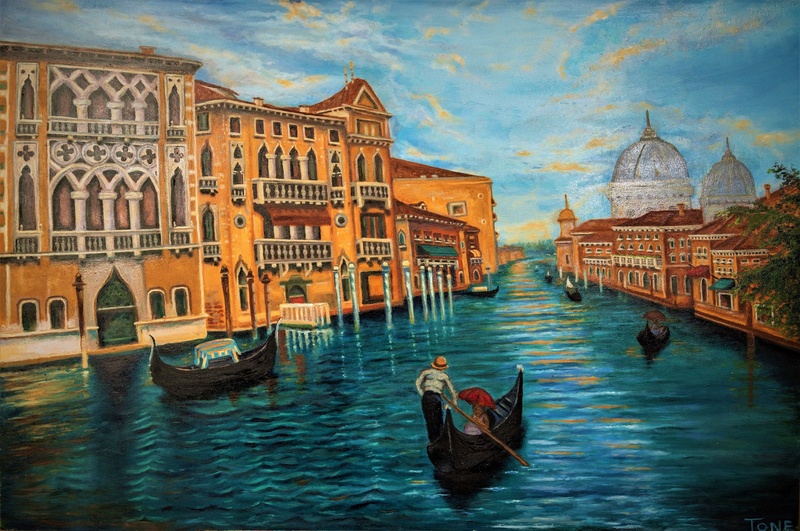 Painting of the Grand Canal in Venice with small gondola in the foreground and the famous Venetian buildings along the narrow shoreline 