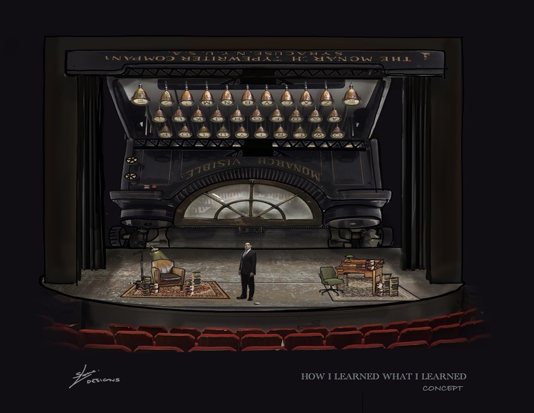  A rendering of a space comprised of a larger than life upside down typewriter- the keys look like pendant lights. The back window is a half round. An open industrial feel with a armchair and lamp left and a writing desk right. Harry Lennix stands center. 