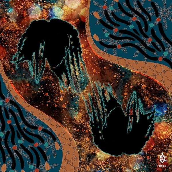  Image of a stylized illustration of two floating, black heads with wavy hair on a nebula like background. 