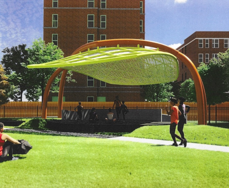  A rendering of a green canopy in a wavy shape hung over a group of people in a park. 