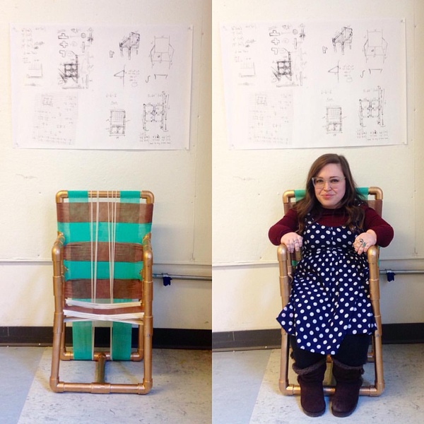 Two images side by side. Left image is of the artwork, which is a small chair. Right image shows Bri sitting in the chair looking at the viewer. Both images show the design sketches of the work hanging above the chair on the wall.