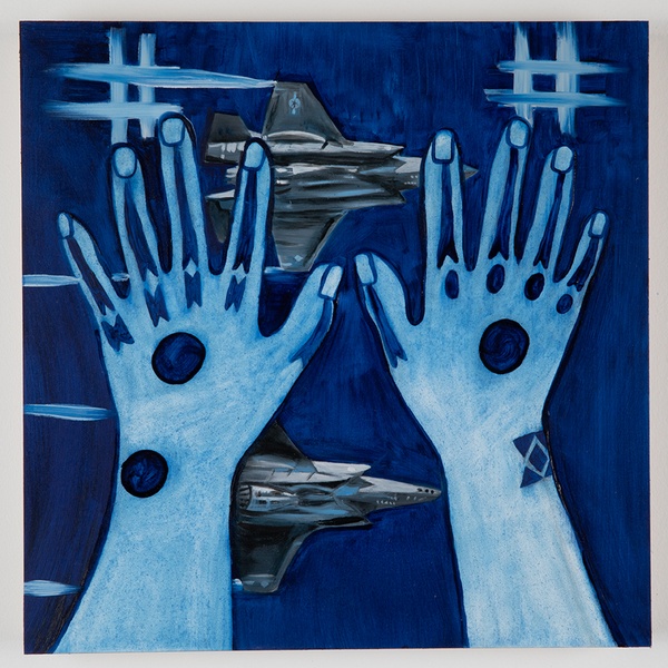 The artist's hands with Okinawan hajichi tattoos are held up against a kasuri patterned night sky as two F-35 jets are in the background. 