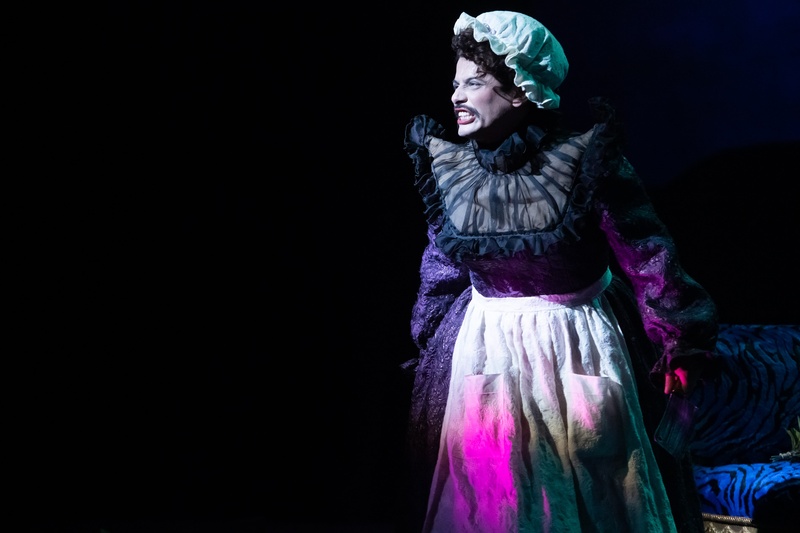 Esteban as the Jane Twisden the maid, in a traditional black French maid outfit (modest) with white skirt and bonnet. She has a mustashe and is gritting her teeth at someone out of frame.