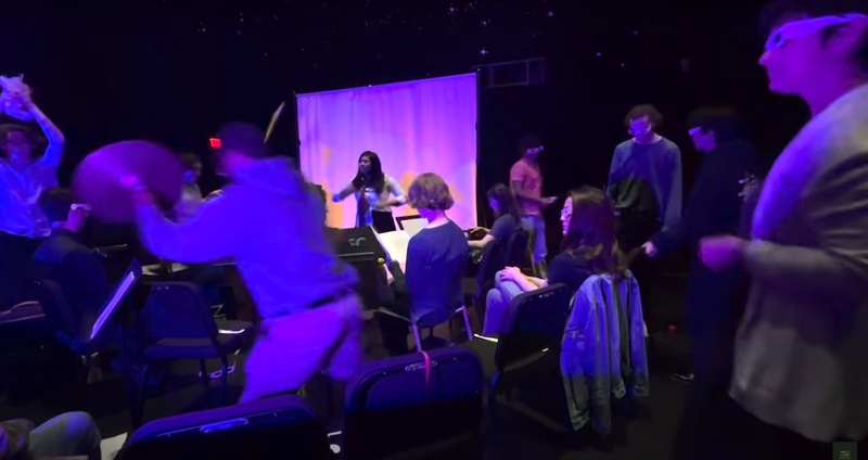  A group of people play in an orchestra which a person standing in the front conducting. 