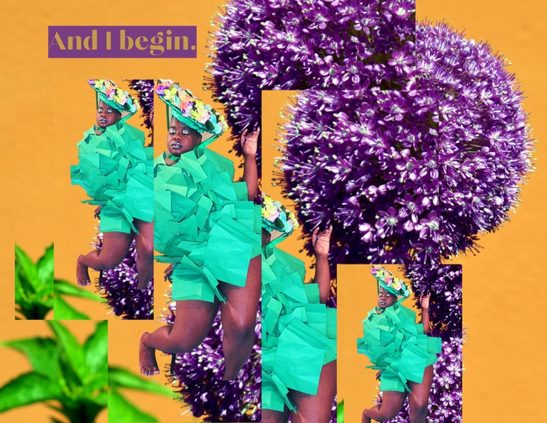  a dark skinned black woman in a green envelop thigh high dress and bare feet. On her head is a floral round flat top hat. behind her is a graphic purple flower and orange image, with a green leaf plant in the lower left corner. 