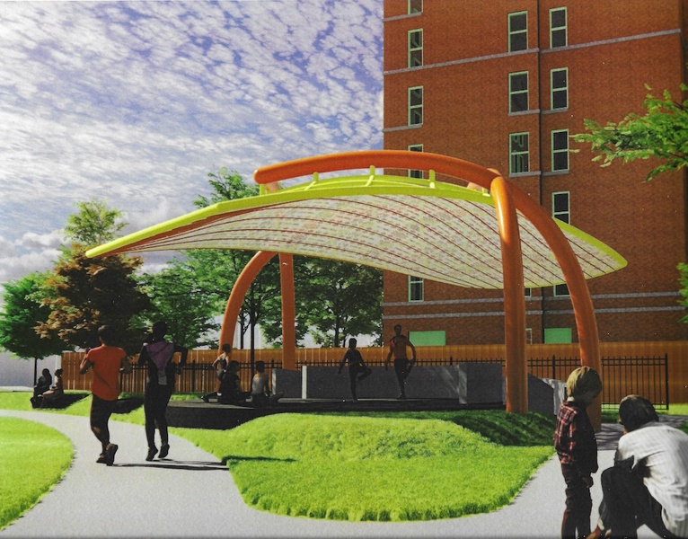  A rendering of a green canopy in a wavy shape hung over a group of people in a park. 