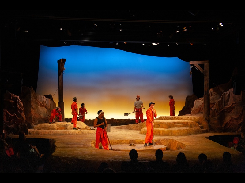 Wide shot of a stage with several boys in orange jumpsuits digging with shovels. A blue and yellow sunset in the background over a multi level tan desert and rocky landscape. 2 plateau on either side, one big hole down center. 