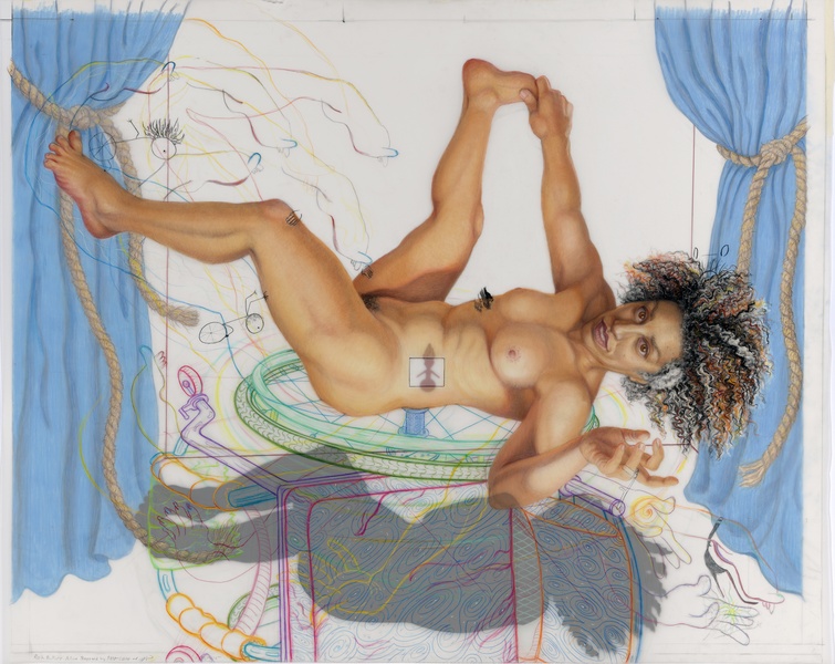  A Black woman with multicolored hair lies nude on her back in a dancerly pose, atop a schematic drawing of her wheelchair. Under the chair is a curled silhouette. She added a small dancing figure and gestural lines of motion. Curtains frame the scene. 