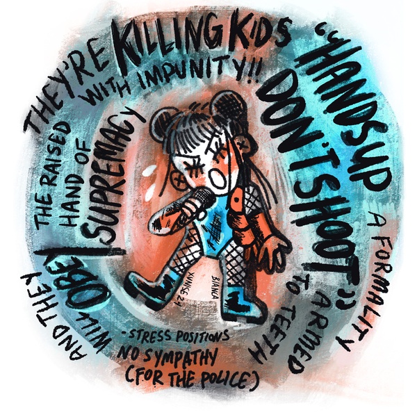  A punk singer belts out lyrics against police brutality 
