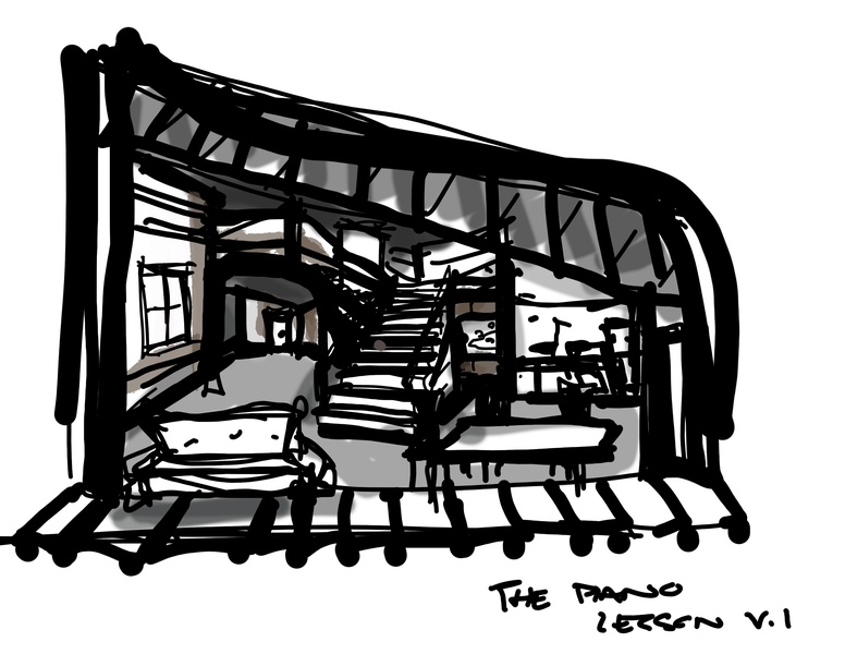  Black and white marker drawing of a tilted piano. Inside the piano facade, there is a table and couch in the foreground and a spiral staircase in the background. 
