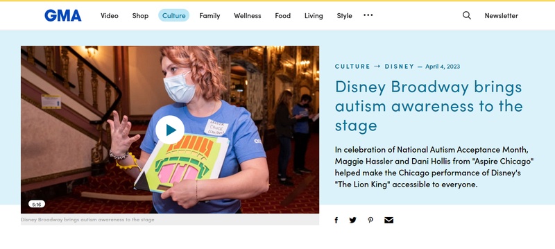  A screenshot of a website with a person talking with a face mask while holding a multi colored diagram. The article title reads "Disney Broadway brings autism awareness to the stage." 