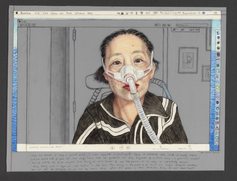  Chinese-American woman in her forties with short black hair, sits in a power chair, donning a black hoodie and oxygen mask. She's situated in her family home hallway, adorned with cat photos. The border depicts the artist's own laptop, including icons. 
