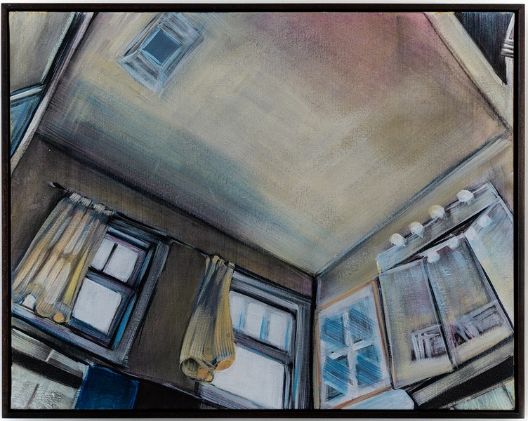  Painting of the ceiling of a bathroom. Light is pouring in from a window. 