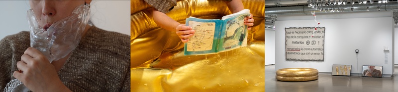  A tryptic of images. One is of a performer wearing a clear mask on their mouth, one is of hands opening a book over gold, and one is of an installation in a gallery with a gold pool. 