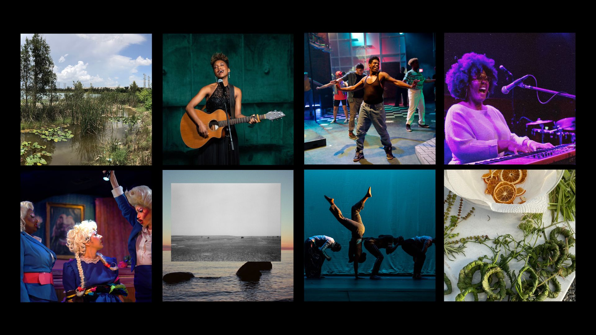 A grid of eight square images showing a combination of artwork and headshots representing the 2022 3Arts awardees