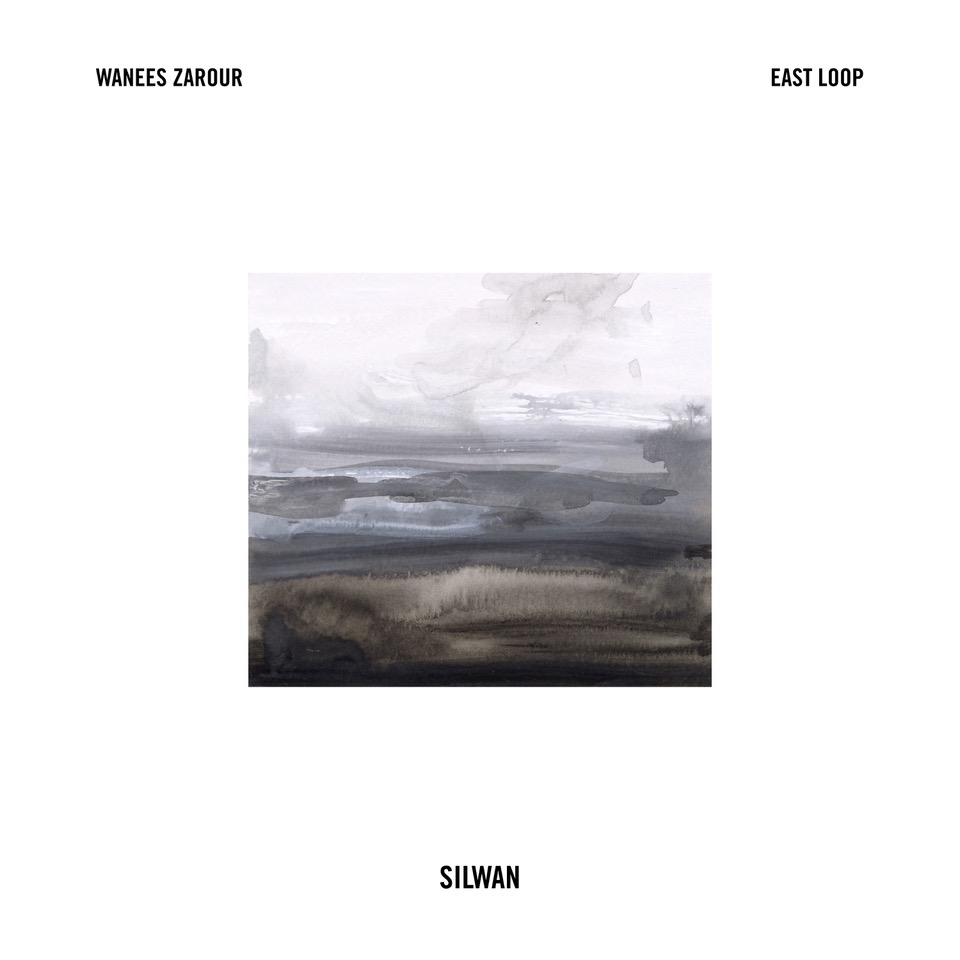 This image includes an abstract painting at center that appears almost like a landscape painting with whites, blues and grays resting above deep browns and grays reminiscent of dead foliage. Words around the image read "Wanees Zarour East Loop Silwan."