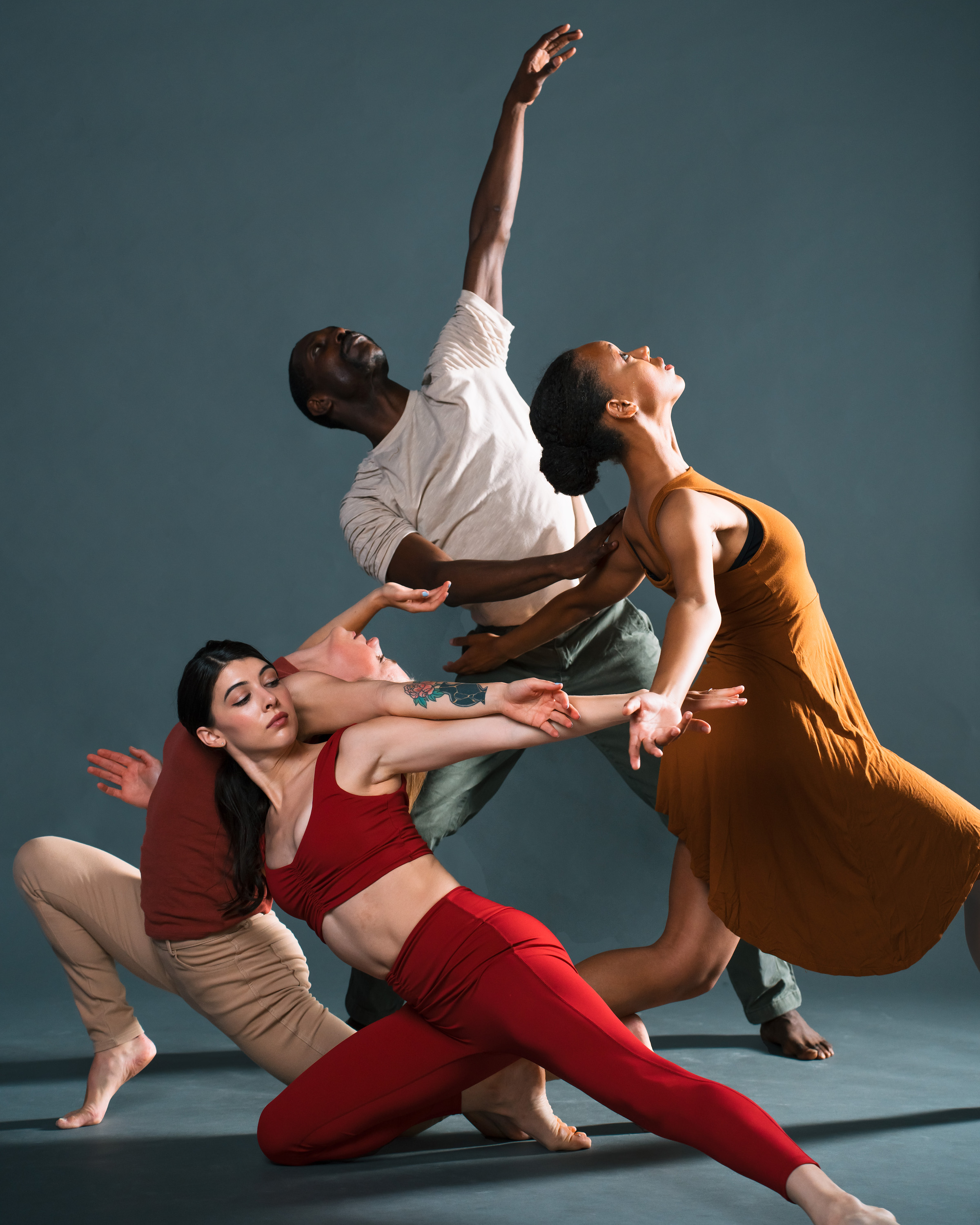 Image of mulitple dancesa making one large shape with their bodies. Dancers flux and flow; some have arms that are pulled back by the group, others can soar because of the group.