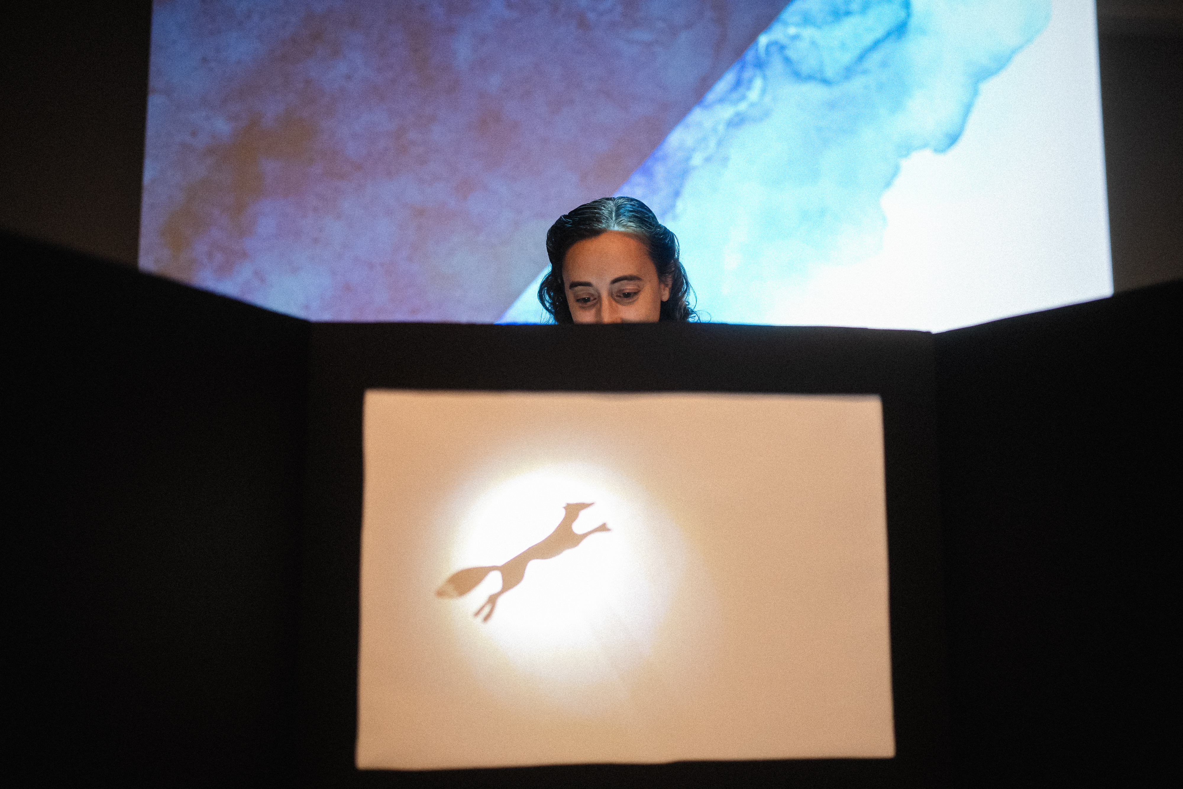 Presenter Rachel Singer sits behind a shadow puppet screen, she peers down intently as she animates a shadow puppet fox to leap across a white paper rectangular screen with a black frame.  The top half of Rachels face is visible, while the rest of her face is obscured by the shadow screen.